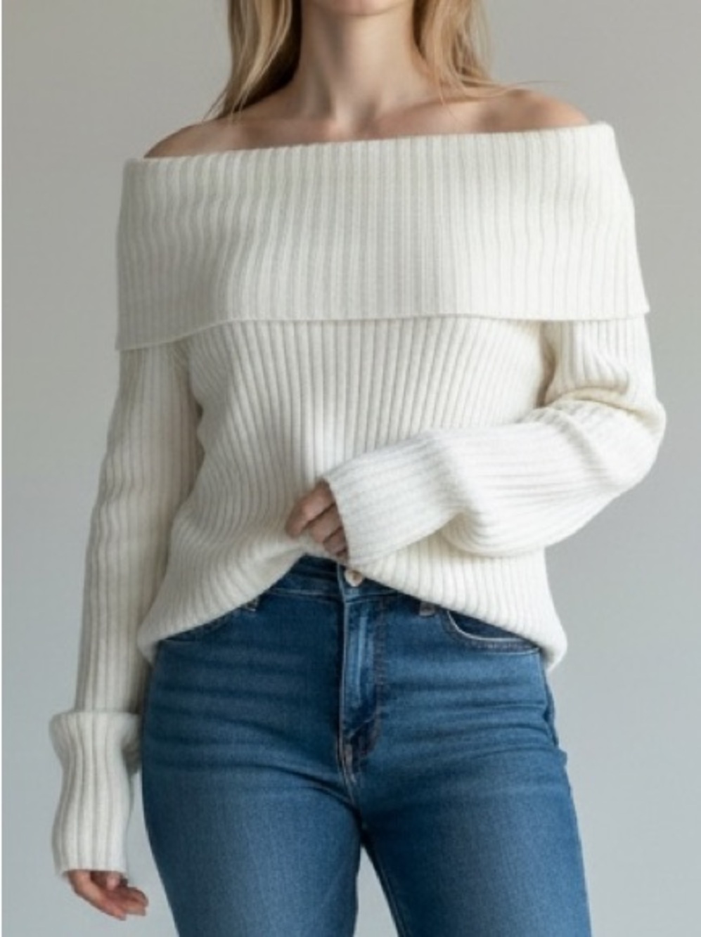 Free People Beach Stevie Pullover Cream Ribbed Off Shoulder‎ Sweater Large